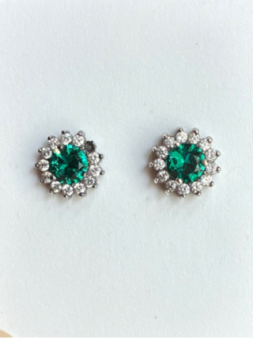 925 Halo Stud Earrings - Emerald Green Crystal Cluster - missing rhinestone